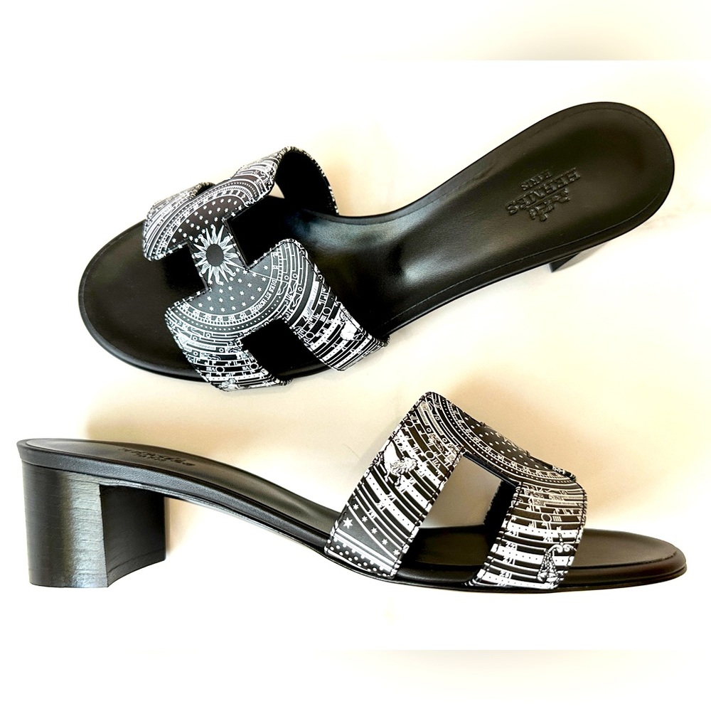 HERMES OASIS BLACK AND WHITE LEATHER SANDALS SIZE 38
